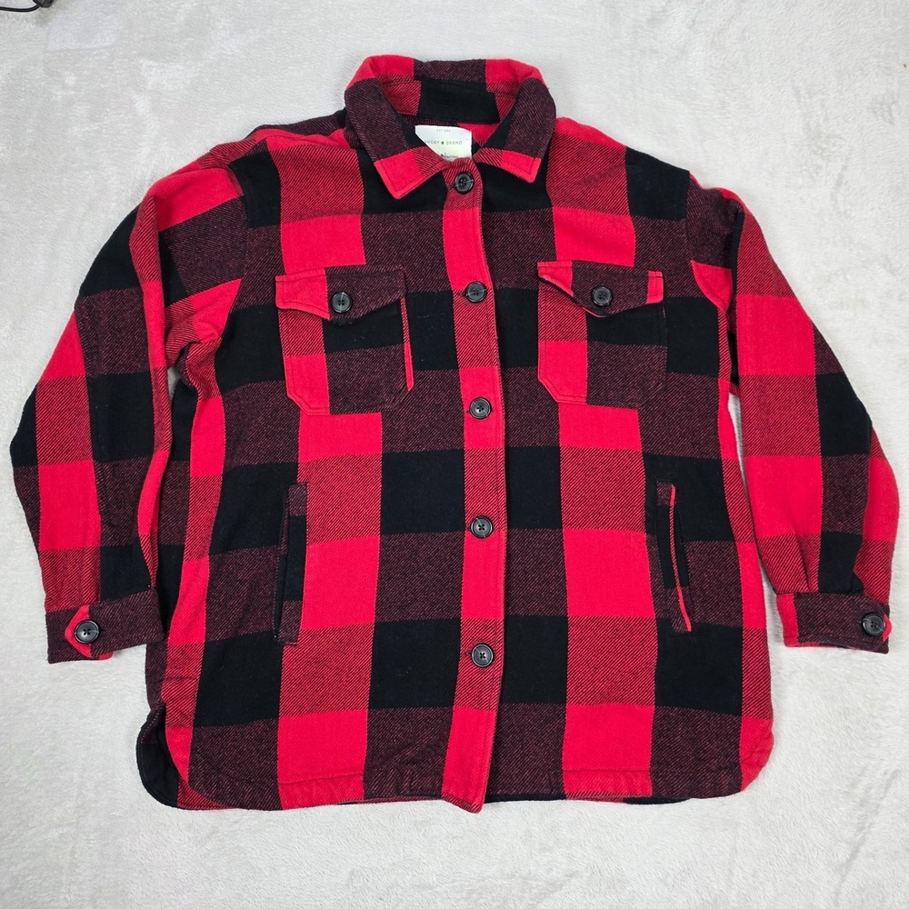 Lucky Brand Womens Large Buffalo Plaid Shirt Jacket Red Flannel Shacket‎ Coat